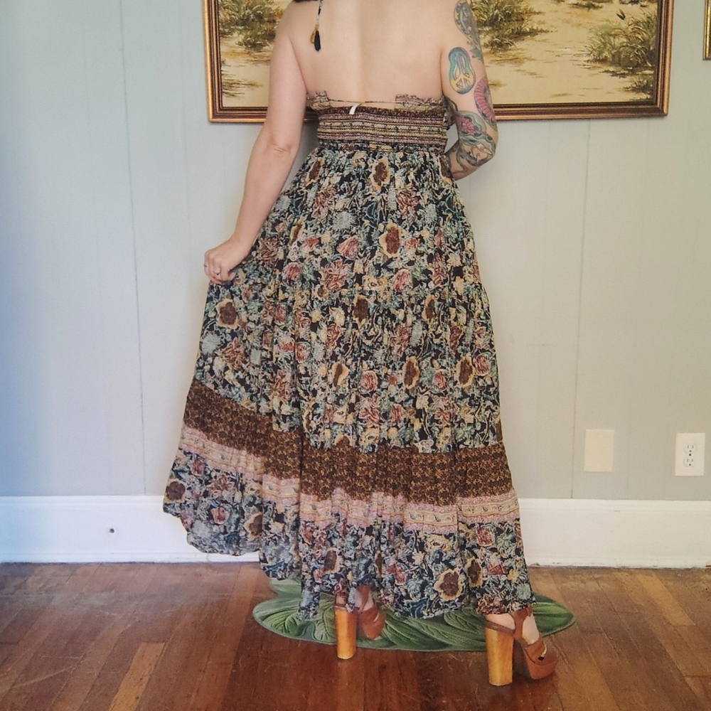 Free People Real Love Strappy Boho Brown Floral Maxi Halter Dress Small Pockets - Picture 2 of 14